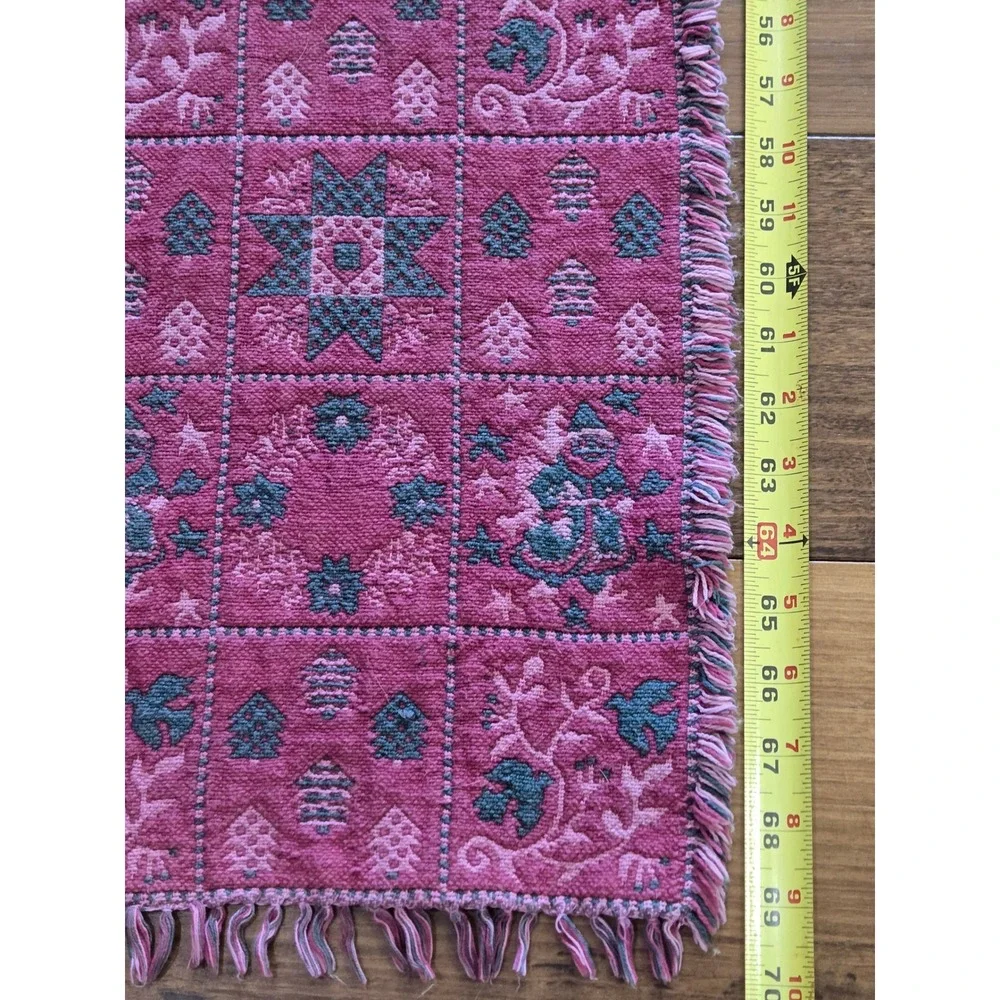 Vintage Woven Christmas Table Runner Reversible Pink Green Santa Fringe 70in
